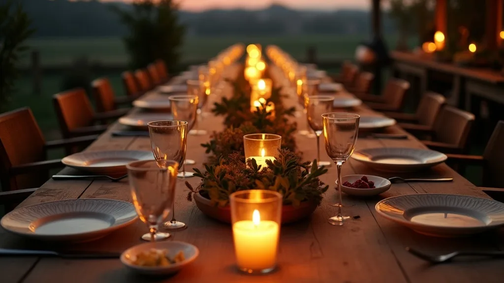 longue table partagée dressée de plats en céramique et carafes, lueur de bougie