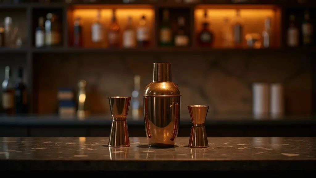 shaker en laiton, jigger et cuillère de bar sur marbre sombre