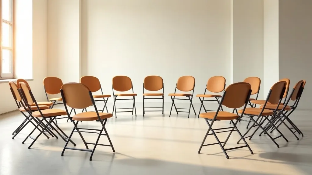 cercle de chaises pliantes vides dans une salle lumineuse au matin