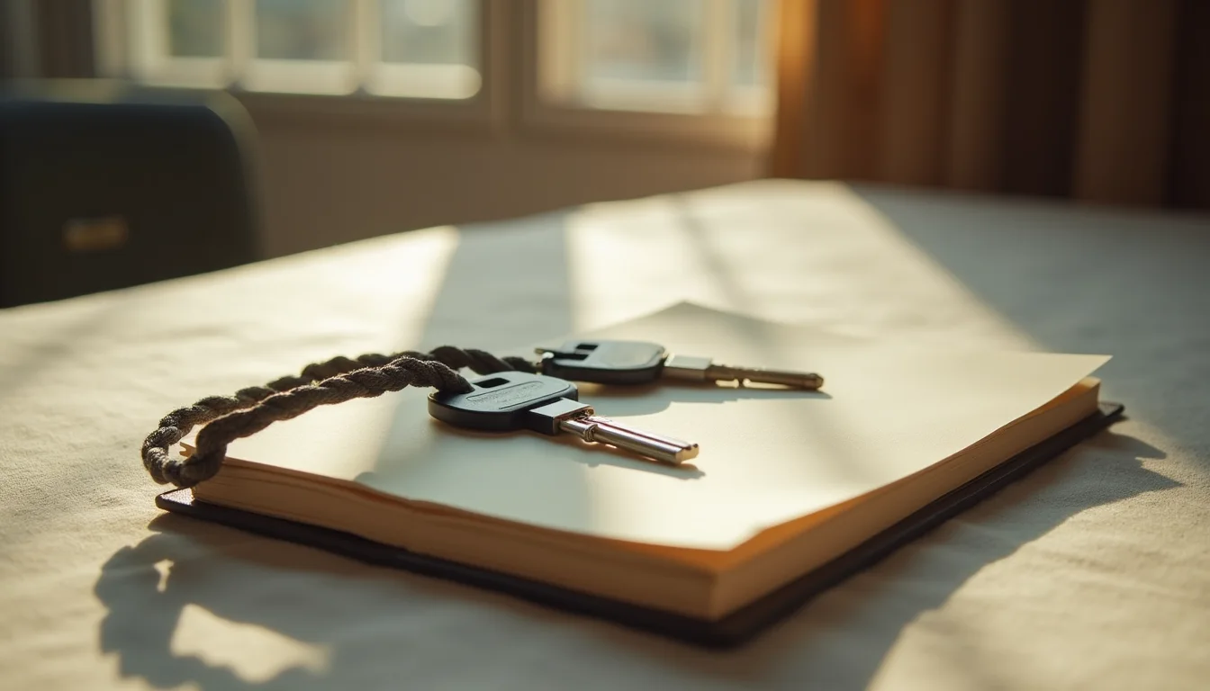 clé de sécurité physique sur cordon tressé près d'un carnet fermé sur lin