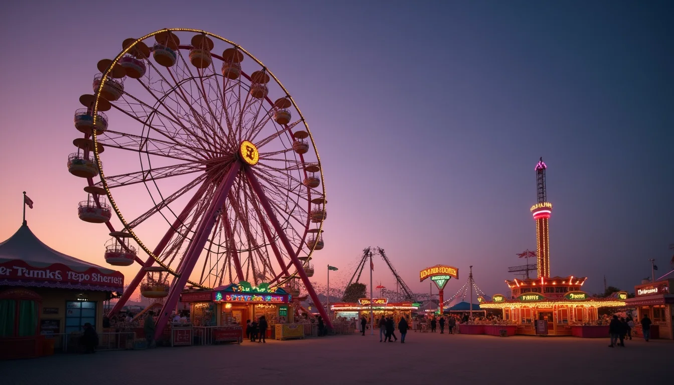 grande roue illuminee au-dessus d une fete foraine au crepuscule