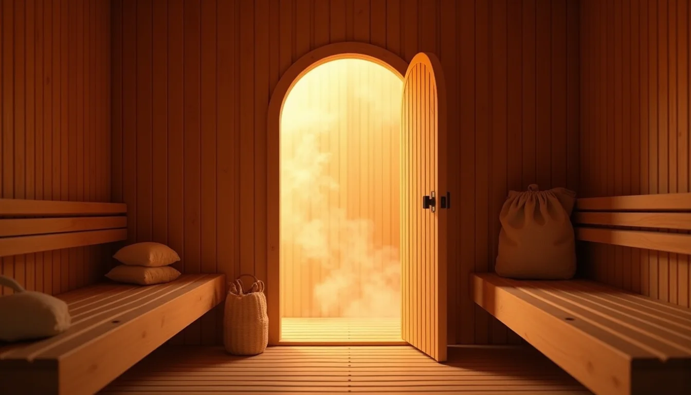 porte de sauna en bois entrouverte laissant filtrer vapeur et lumiere