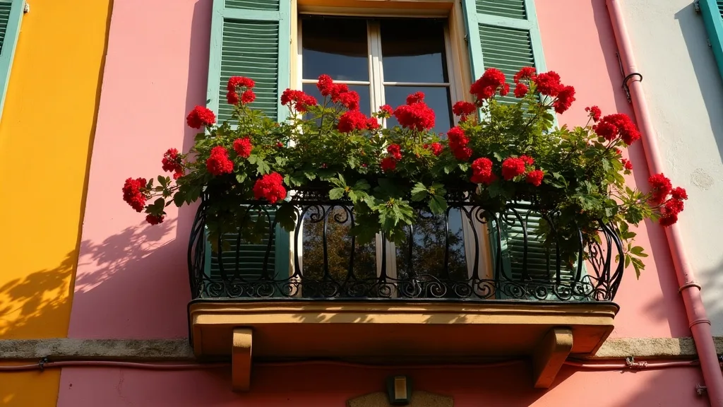 balcon en fer forge debordant de geraniums rouges, fin d apres-midi