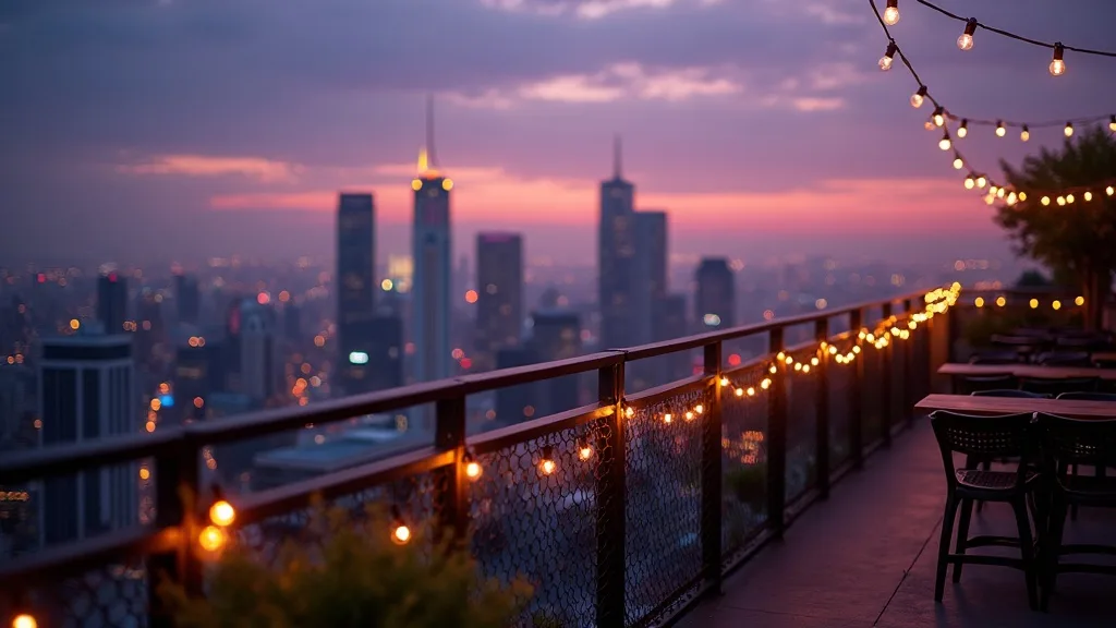 garde-corps de rooftop au crépuscule, guirlandes lumineuses chaudes