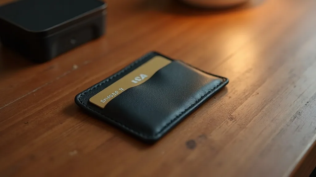 étui anti-RFID de poche et quelques cartes en éventail sur du noyer