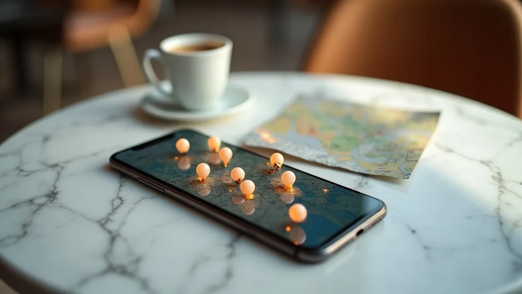 smartphone aux épingles de carte sur une table de café ensoleillée