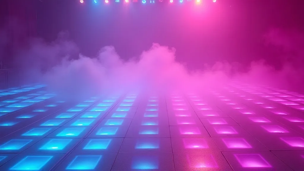 piste de danse au néon, carrés réfléchissants magenta et cyan